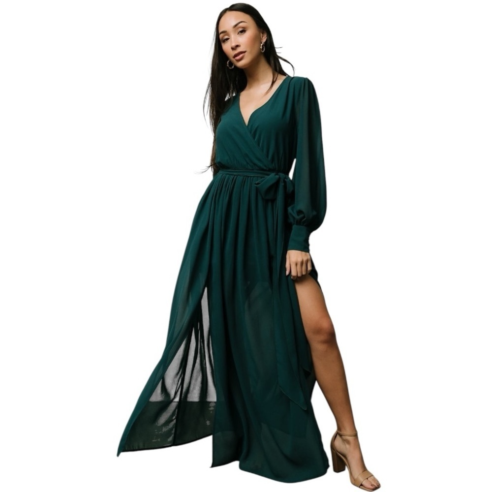 BALTIC BORN Celine Maxi Dress Hunter Green Size S Wedding Party Wrap Flowy Slits
